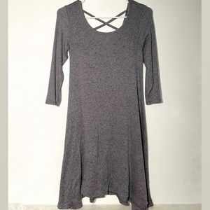 Pine Women Heathered Gray Black Flowy Skater Mini Dress 3/4 Sleeve Cut Out Back